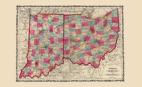 Ohio, Indiana - Johnson 1860 White Modern Wood Framed Art Print with Double Matting by Johnson