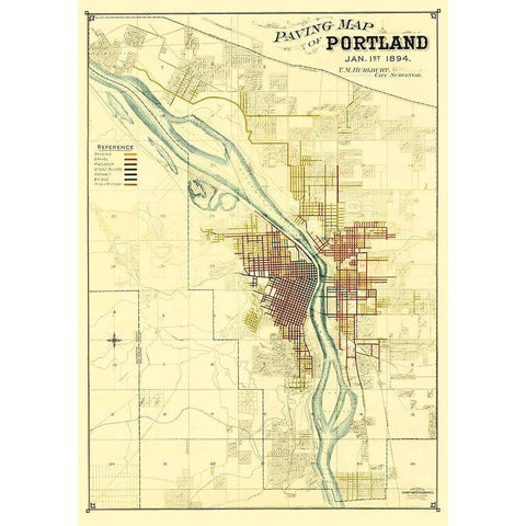 Portland Oregon Paving - Schmidt 1894 Gold Ornate Wood Framed Art Print with Double Matting by Schmidt