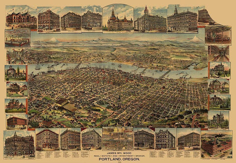 Portland Oregon - Elliot 1890 Black Ornate Wood Framed Art Print with Double Matting by Elliot
