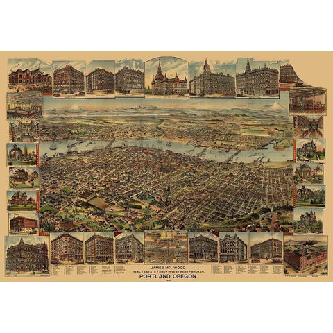 Portland Oregon - Elliot 1890 Gold Ornate Wood Framed Art Print with Double Matting by Elliot