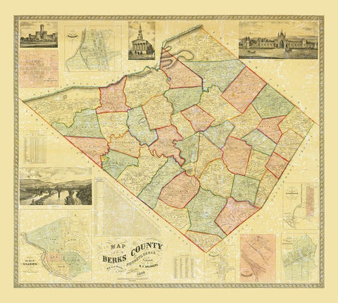 Berks County Pennsylvania - Bridgens 1860 Black Ornate Wood Framed Art Print with Double Matting by Bridgens