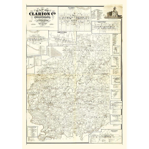 Clarion County Pennsylvania - Pomeroy 1865 Gold Ornate Wood Framed Art Print with Double Matting by Pomeroy