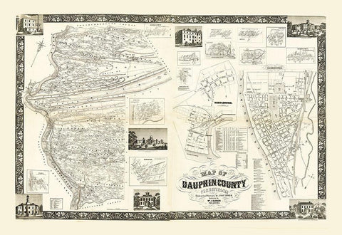 Dauphin County Pennsylvania - Barker 1858 White Modern Wood Framed Art Print with Double Matting by Barker