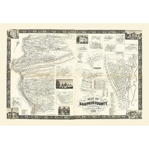 Dauphin County Pennsylvania - Barker 1858 Gold Ornate Wood Framed Art Print with Double Matting by Barker