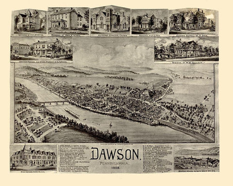Dawson Pennsylvania - Fowler 1902 Black Ornate Wood Framed Art Print with Double Matting by Fowler