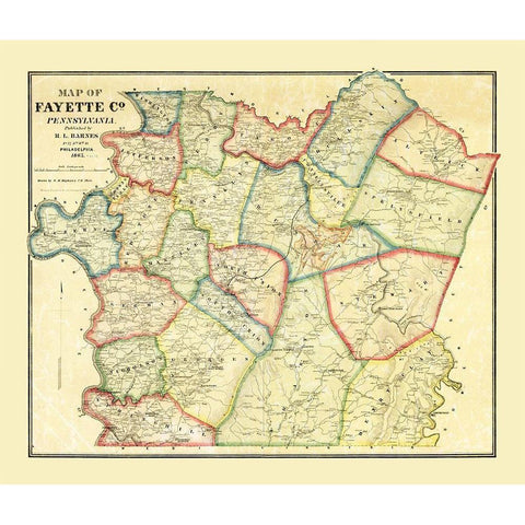Fayette County Pennsylvania - Barnes 1865 Gold Ornate Wood Framed Art Print with Double Matting by Barnes