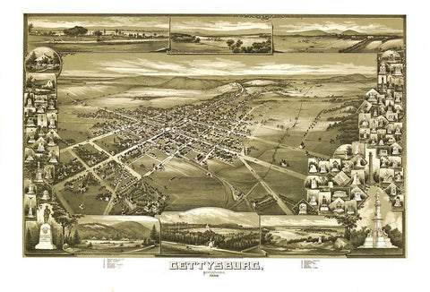 Gettysburg Pennsylvania - Downs 1888 Black Ornate Wood Framed Art Print with Double Matting by Downs