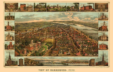 Harrisburg Pennsylvania - Williams 1855 Black Ornate Wood Framed Art Print with Double Matting by Williams