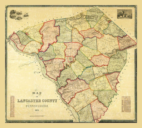 Lancaster County Pennsylvania - 1851 Black Ornate Wood Framed Art Print with Double Matting by Unknown