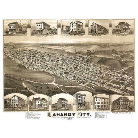 Mahanoy City Pennsylvania - Fowler 1889 Gold Ornate Wood Framed Art Print with Double Matting by Fowler