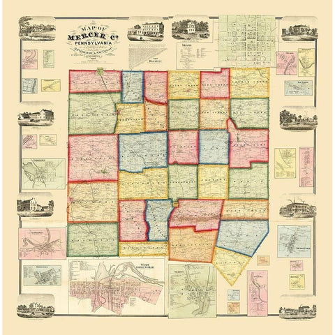 Mercer County Pennsylvania - Treat 1860 Gold Ornate Wood Framed Art Print with Double Matting by Treat