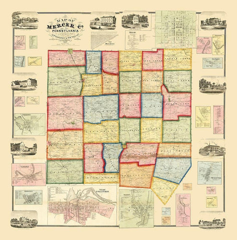 Mercer County Pennsylvania - Treat 1860 Black Ornate Wood Framed Art Print with Double Matting by Treat