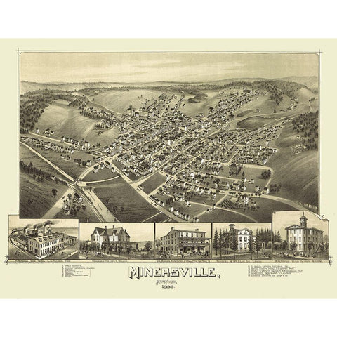 Minersville Pennsylvania - Fowler 1889 Gold Ornate Wood Framed Art Print with Double Matting by Fowler