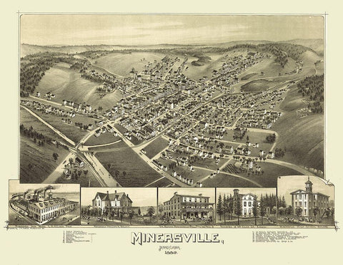 Minersville Pennsylvania - Fowler 1889 Black Ornate Wood Framed Art Print with Double Matting by Fowler