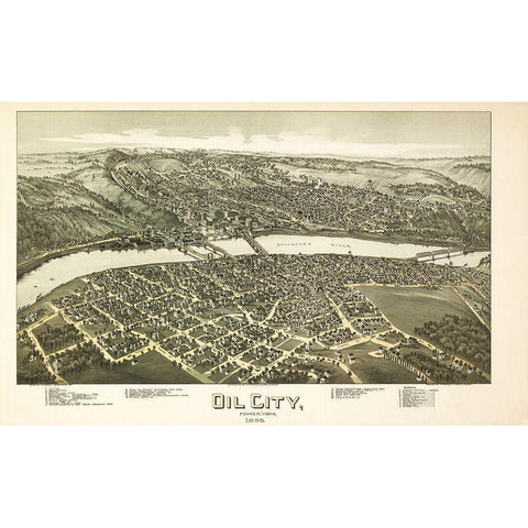 Oil City Pennsylvania - Fowler 1896 Gold Ornate Wood Framed Art Print with Double Matting by Fowler