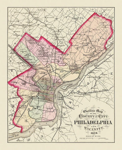 Philadelphia Pennsylvania - Walling 1872 Black Ornate Wood Framed Art Print with Double Matting by Walling