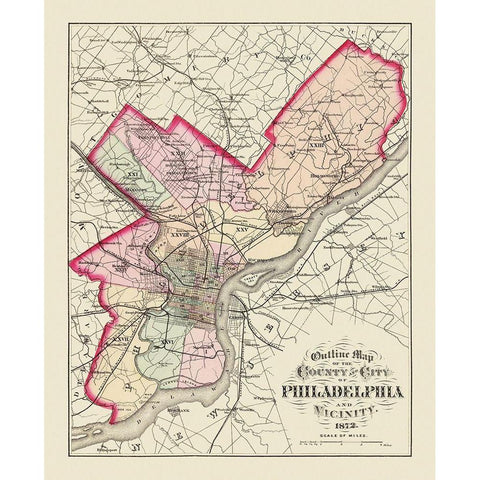 Philadelphia Pennsylvania - Walling 1872 Gold Ornate Wood Framed Art Print with Double Matting by Walling