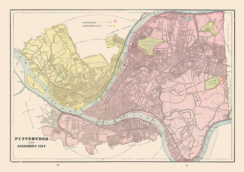 Pittsburgh, Allegheny Pennsylvania - Cram 1892 Black Ornate Wood Framed Art Print with Double Matting by Cram