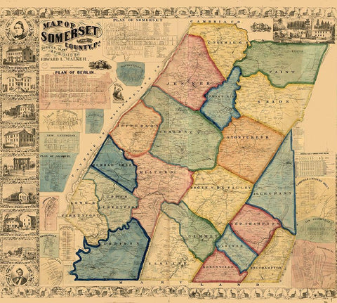 Somerset County Pennsylvania - Walker 1860 White Modern Wood Framed Art Print with Double Matting by Walker