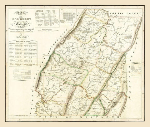 Somerset County Pennsylvania - Wells 1830 Black Ornate Wood Framed Art Print with Double Matting by Wells