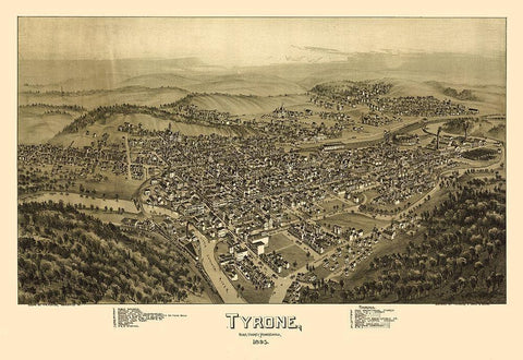 Tyrone Pennsylvania - Fowler 1895 Black Ornate Wood Framed Art Print with Double Matting by Fowler