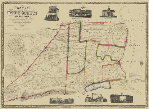 Union County Pennsylvania - Pasehall 1856 Black Ornate Wood Framed Art Print with Double Matting by Pasehall