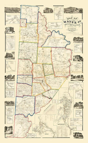 Wayne County Pennsylvania - Converse 1860 Black Ornate Wood Framed Art Print with Double Matting by Converse