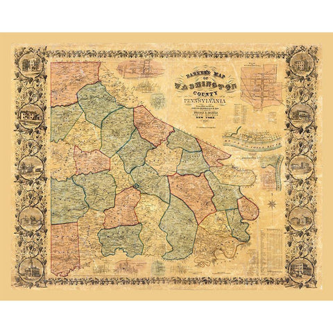 Washington County Pennsylvania - Barker 1856 Gold Ornate Wood Framed Art Print with Double Matting by Barker
