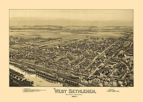 West Bethlehem Pennsylvania - Fowler 1894 Black Ornate Wood Framed Art Print with Double Matting by Fowler