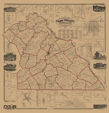 York County Pennsylvania - Shearer 1860 Black Ornate Wood Framed Art Print with Double Matting by Shearer
