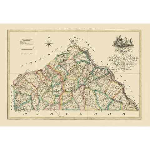 York County Pennsylvania - Wagner 1821 Gold Ornate Wood Framed Art Print with Double Matting by Wagner