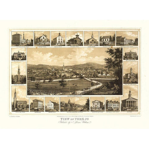 York Pennsylvania - Williams 1852 Gold Ornate Wood Framed Art Print with Double Matting by Williams