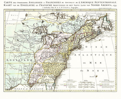 English French Possessions North America Black Ornate Wood Framed Art Print with Double Matting by Ottens