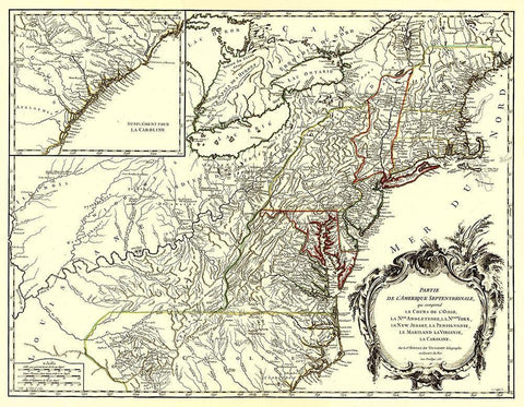 Northeastern Coast North America - Vaugondy 1755 Black Ornate Wood Framed Art Print with Double Matting by Vaugondy