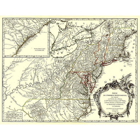 Northeastern Coast North America - Vaugondy 1755 Gold Ornate Wood Framed Art Print with Double Matting by Vaugondy
