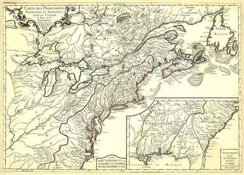English French Possessions Canada Louisiana - 1756 White Modern Wood Framed Art Print with Double Matting by Unknown