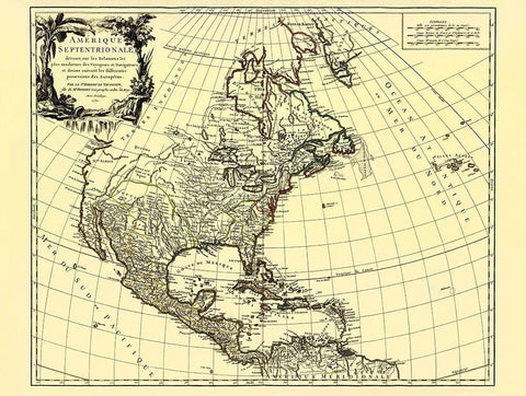 European Possessions North America - Vaugondy 1750 Black Ornate Wood Framed Art Print with Double Matting by Vaugondy
