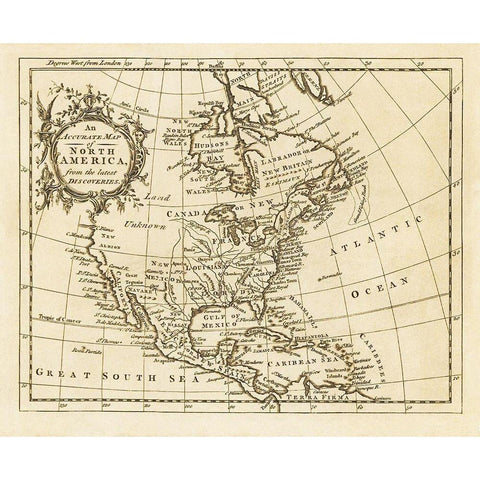 North America from the Latest Discoveries - 1750 Black Modern Wood Framed Art Print with Double Matting by Unknown