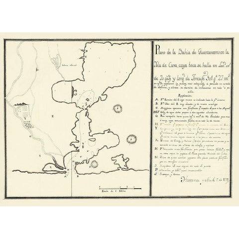 Plan of Guantanamo Bay On the Island of Cuba 1751 Gold Ornate Wood Framed Art Print with Double Matting by Unknown
