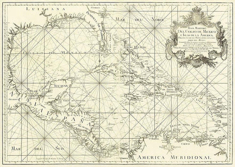 Gulf of Mexico and Islands of America 1755 Black Ornate Wood Framed Art Print with Double Matting by Unknown