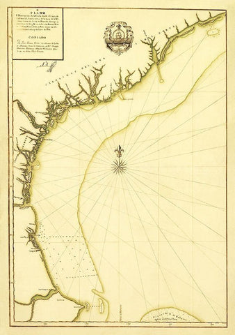 South Carolina Cape Canaveral Coast - Linares 1756 Black Ornate Wood Framed Art Print with Double Matting by Linares