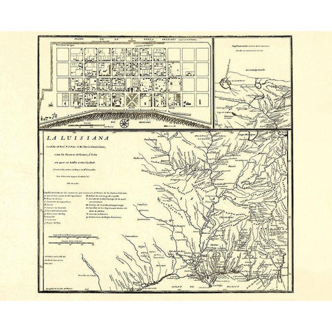 Louisiana with New Orleans - Madrid 1762 Gold Ornate Wood Framed Art Print with Double Matting by Madrid