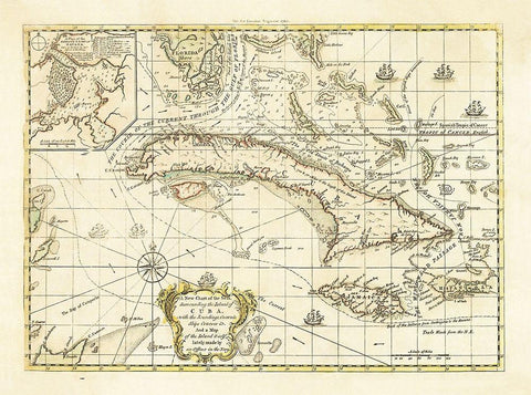 Currents Ships Courses Cuba - 1762 Black Ornate Wood Framed Art Print with Double Matting by Unknown