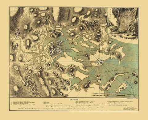 Boston Harbor Massachusetts - Beaurain 1776 Black Ornate Wood Framed Art Print with Double Matting by Beaurain