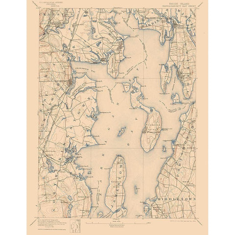 Narragansett Bay Rhode Island Sheet - USGS 1892 Gold Ornate Wood Framed Art Print with Double Matting by USGS