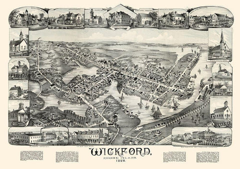 Wickford Rhode Island - Bailey 1888 Black Ornate Wood Framed Art Print with Double Matting by Bailey