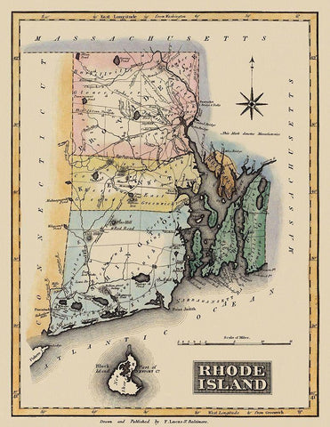 Rhode Island - Lucas 1823 Black Ornate Wood Framed Art Print with Double Matting by Lucas