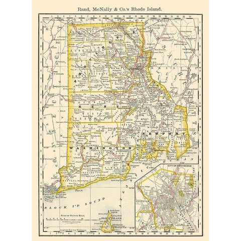 Rhode Island - Rand McNally 1879 White Modern Wood Framed Art Print by Rand McNally