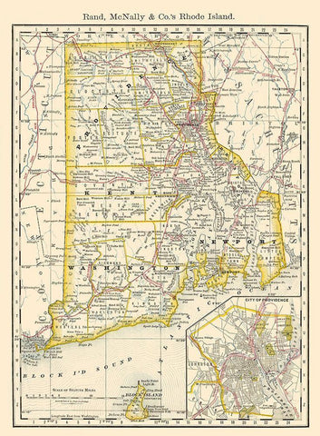 Rhode Island - Rand McNally 1879 Black Ornate Wood Framed Art Print with Double Matting by Rand McNally