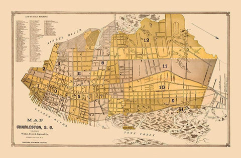 Charleston South Carolina - Cogswell 1891 Black Ornate Wood Framed Art Print with Double Matting by Cogswell